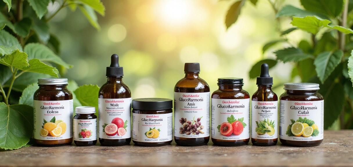 Różnorodne produkty Glucoharmoniahub na tle zielonych liści